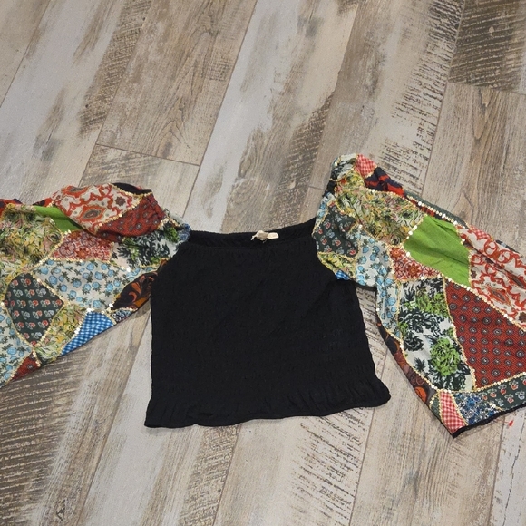 Anthropologie Black Top with Colorful Patchwork Sleeves - Picture 2 of 9